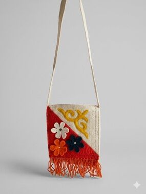 Handcrafted Cream & Orange Floral Fringe Crossbody Bag